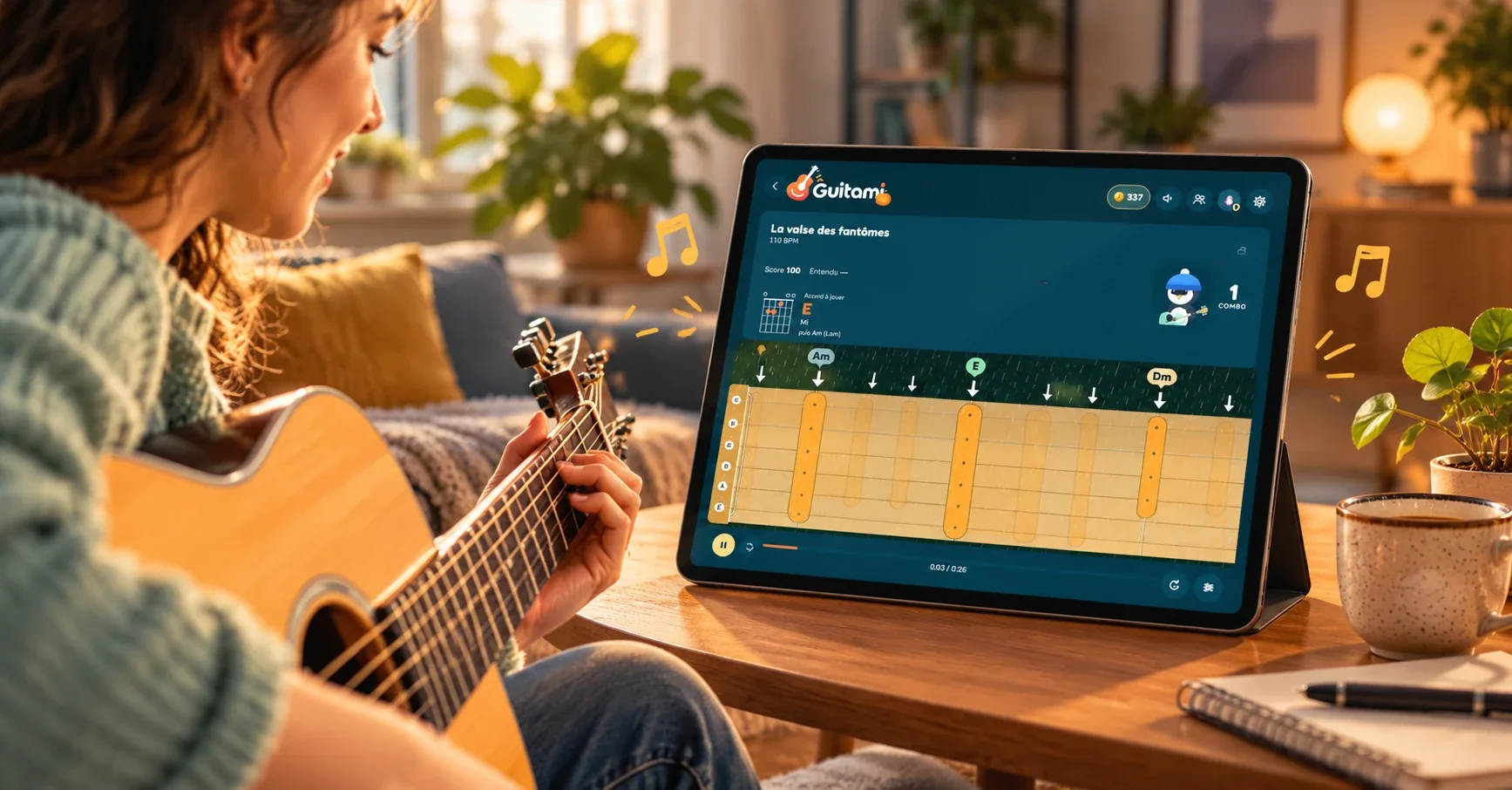 Une personne joue de la guitare sur le canapé ; sur la tablette posée sur la table basse, Guitami affiche les accords qui défilent sur le manche, entourés de petites notes de musique.