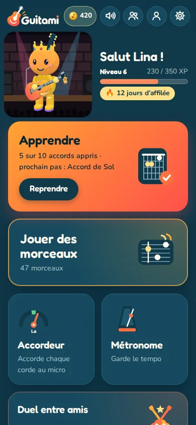 L’appli sur un téléphone : l’accueil de Lina, son avatar couronné sur scène, niveau 6, 12 jours d’affilée, et ses activités : Apprendre, Jouer des morceaux, l’accordeur et le métronome.