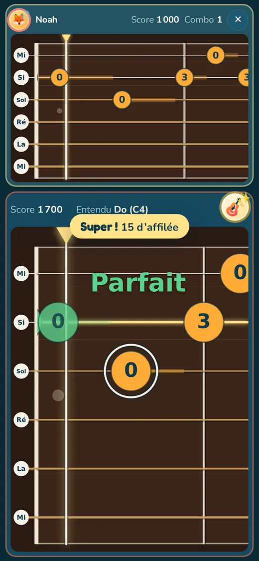 Un duel en cours dans l’appli : en haut la partie de Noah, en bas celle de Lina, qui enchaîne quinze notes justes.