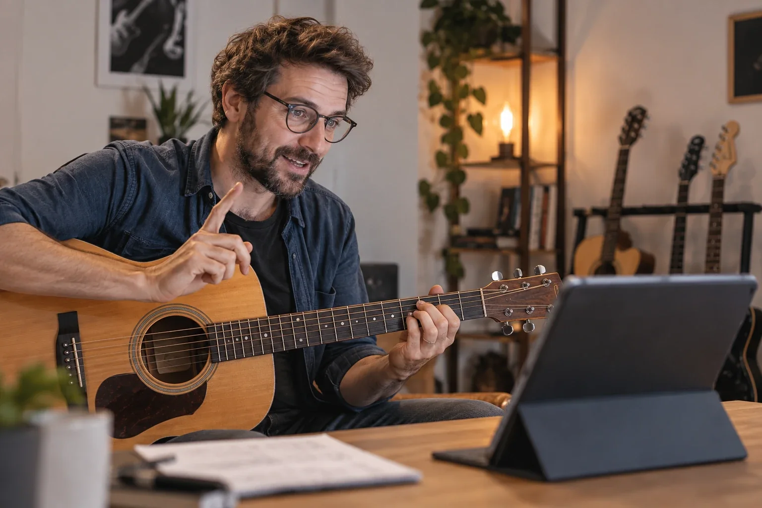 Un professeur de guitare donne son cours face à une tablette, guitare en main, l’index levé pour expliquer.